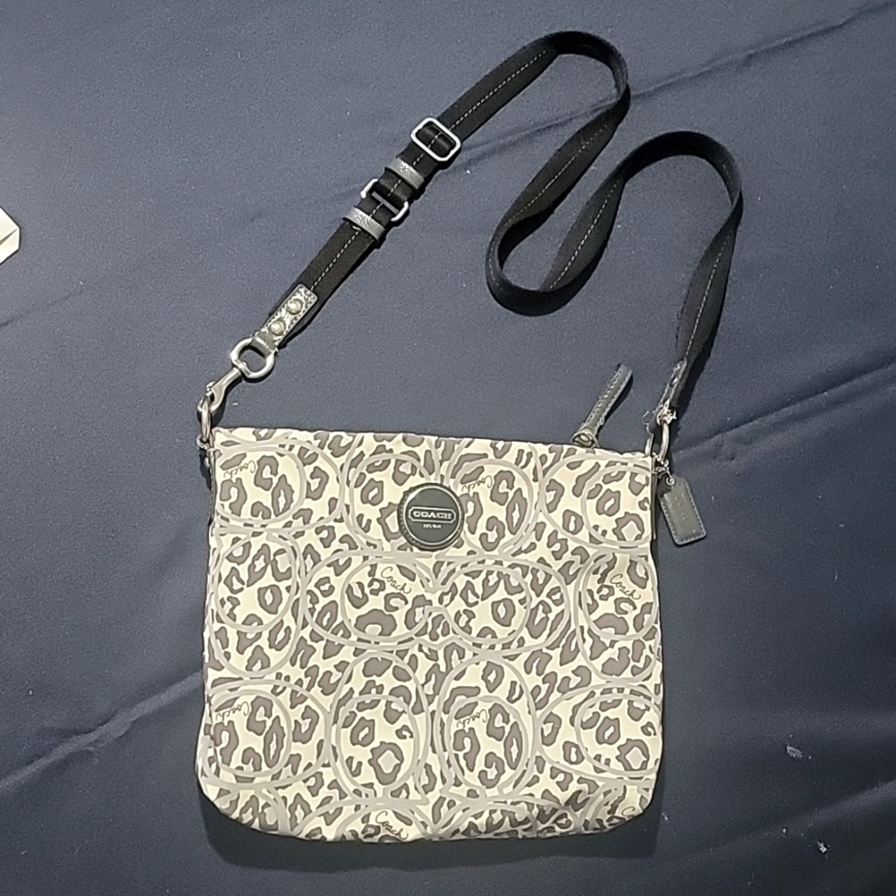 COACH Poppy Ocelot Leopard Sateen Print Cream Gray Black Crossbody Purse Bag